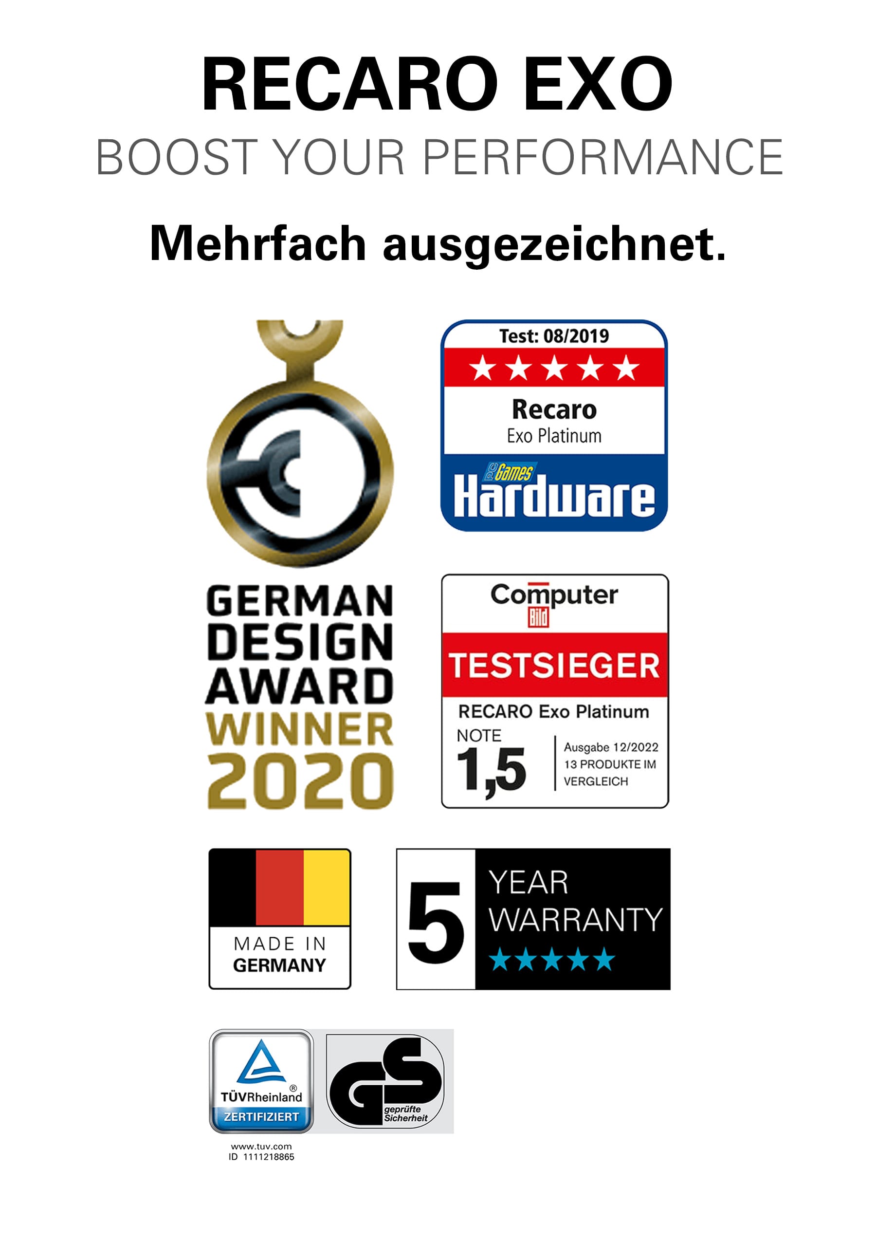 RECARO Gaming Stuhl Exo Siegel und Auszeichnungen Produktbild